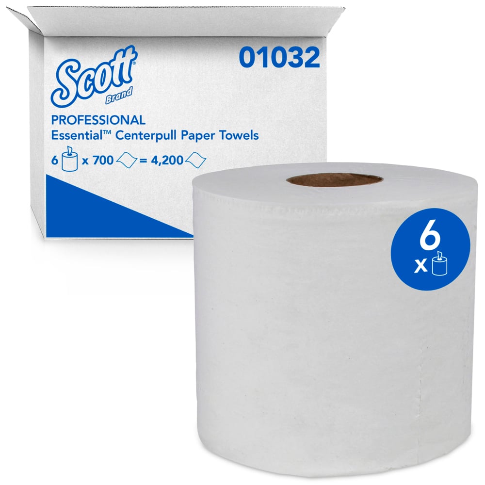 Scott® Essential Roll Control Center Pull Paper Towels (01032) with Fast-Drying Absorbency Pockets, Perforated Full-Sized Hand Paper Towels, White (6 Rolls per Case, 4,200 Sheets Total) - 01032