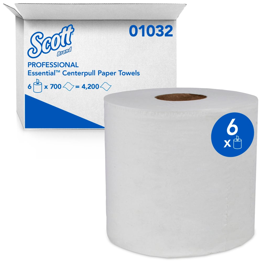 Essuie-mains à distribution centrale unitaire Scott® Essential (01032) avec technologie Absorbency Pockets™ pour séchage rapide, essuie-mains perforés à pleine grandeur, blancs (6 rouleaux par caisse, 4 200 feuilles/caisse) - 01032