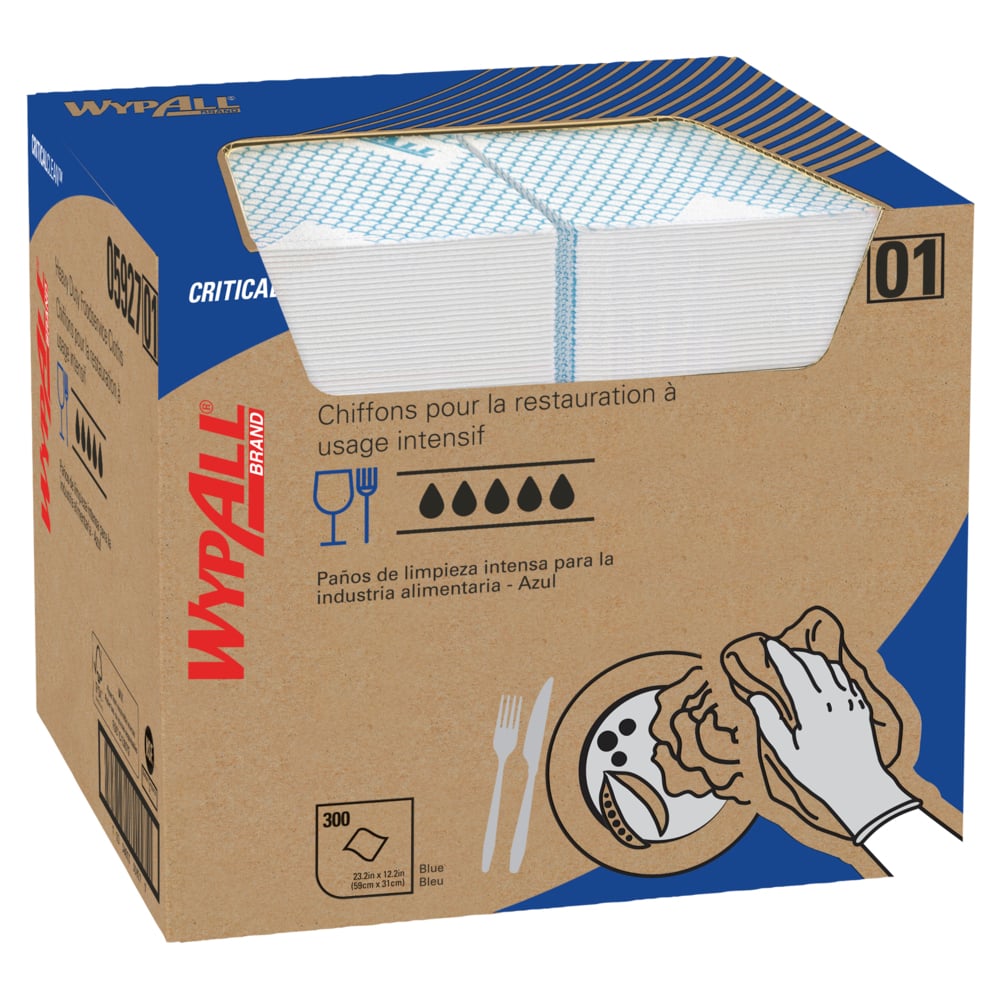 WypAll® CriticalClean™ High Capacity Heavy Duty Foodservice Cloths (05927), Quarterfold, Blue (300 Sheets/Box, 1 Box/Case, 300 Sheets/Case) - 05927