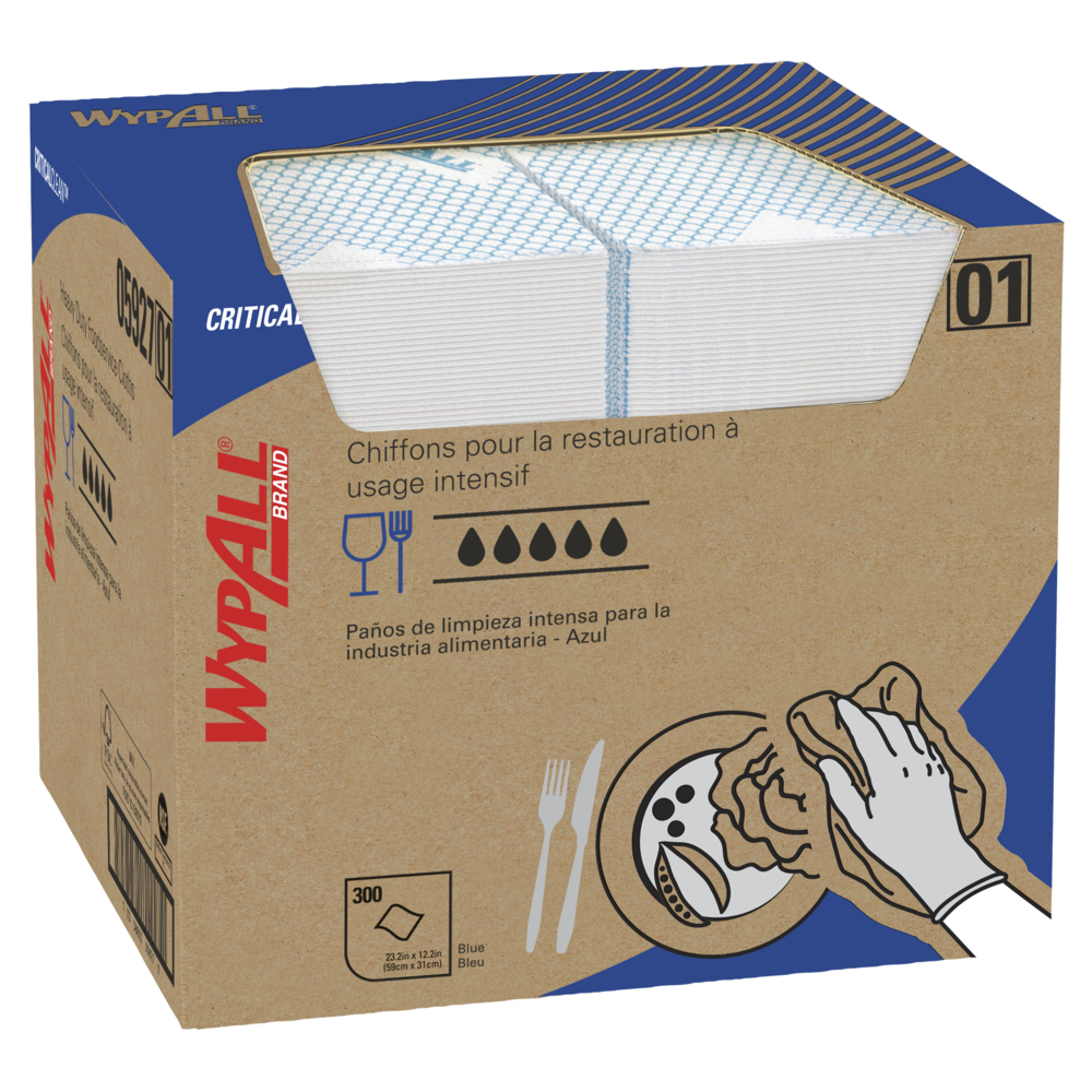 WypAll® CriticalClean™ High Capacity Heavy Duty Foodservice Cloths (05927), Quarterfold, Blue (300 Sheets/Box, 1 Box/Case, 300 Sheets/Case) - 05927