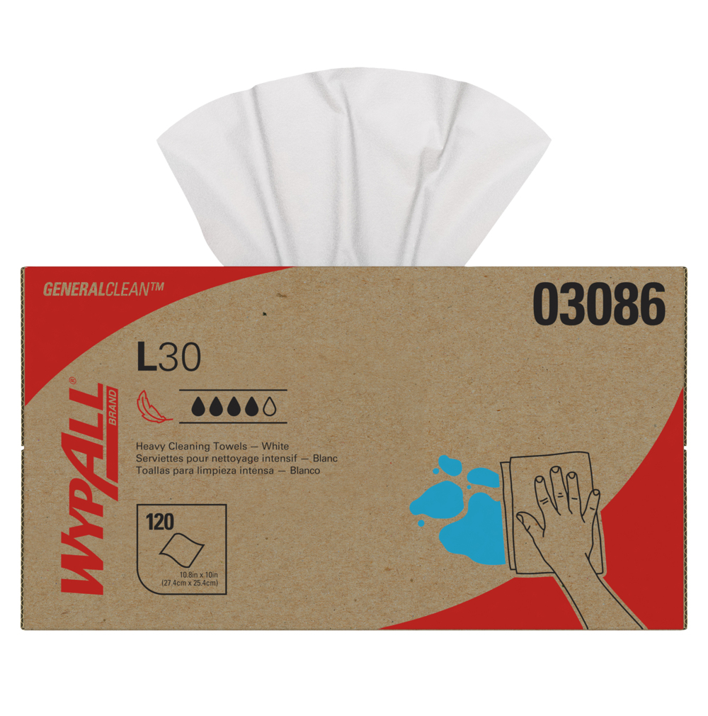 Lingettes de nettoyage robuste WypAll® L30 General Clean (03086), résistantes et douces, boîte Pop-Up, blanches, 10 boîtes/caisse, 120 feuilles/boîte, 1 200 lingettes/caisse - 03086