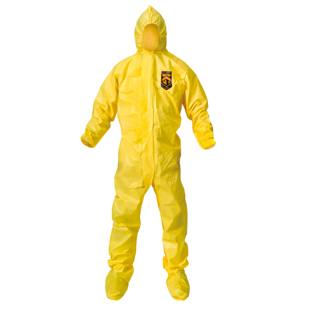 Combinaison de protection contre les vaporisations de produits chimiques Kleenguard A70 (00685), capuchon, bottes, fermeture éclair à l’avant, bande élastique aux poignets, taille 2TG, jaune, 12 vêtements/caisse - 00685