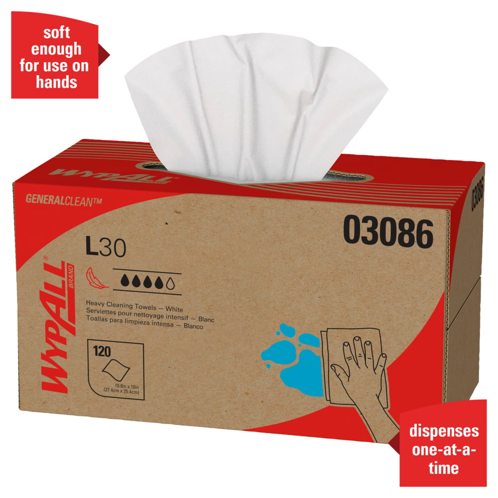 WypAll® GeneralClean™ L30 Heavy Duty Cleaning Towels (03086), Pop-Up Box, Strong and Soft Towels, White (120 Sheets/Box, 10 Boxes/Case, 1,200 Sheets/Case) - 03086