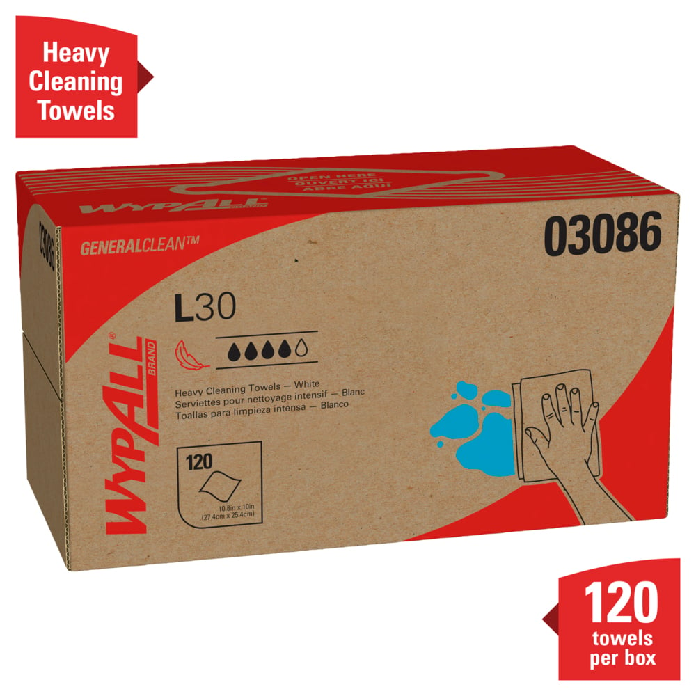 WypAll® GeneralClean™ L30 Heavy Duty Cleaning Towels (03086), Pop-Up Box, Strong and Soft Towels, White (120 Sheets/Box, 10 Boxes/Case, 1,200 Sheets/Case) - 03086