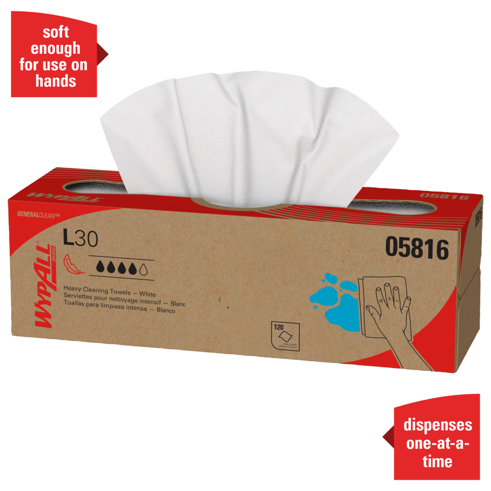 WypAll® GeneralClean™ L30 Heavy Duty Cleaning Towels (05816), Pop-Up Box, Strong and Soft Towels, White (120 Sheets/Box, 6 Boxes/Case, 720 Sheets/Case) - 05816