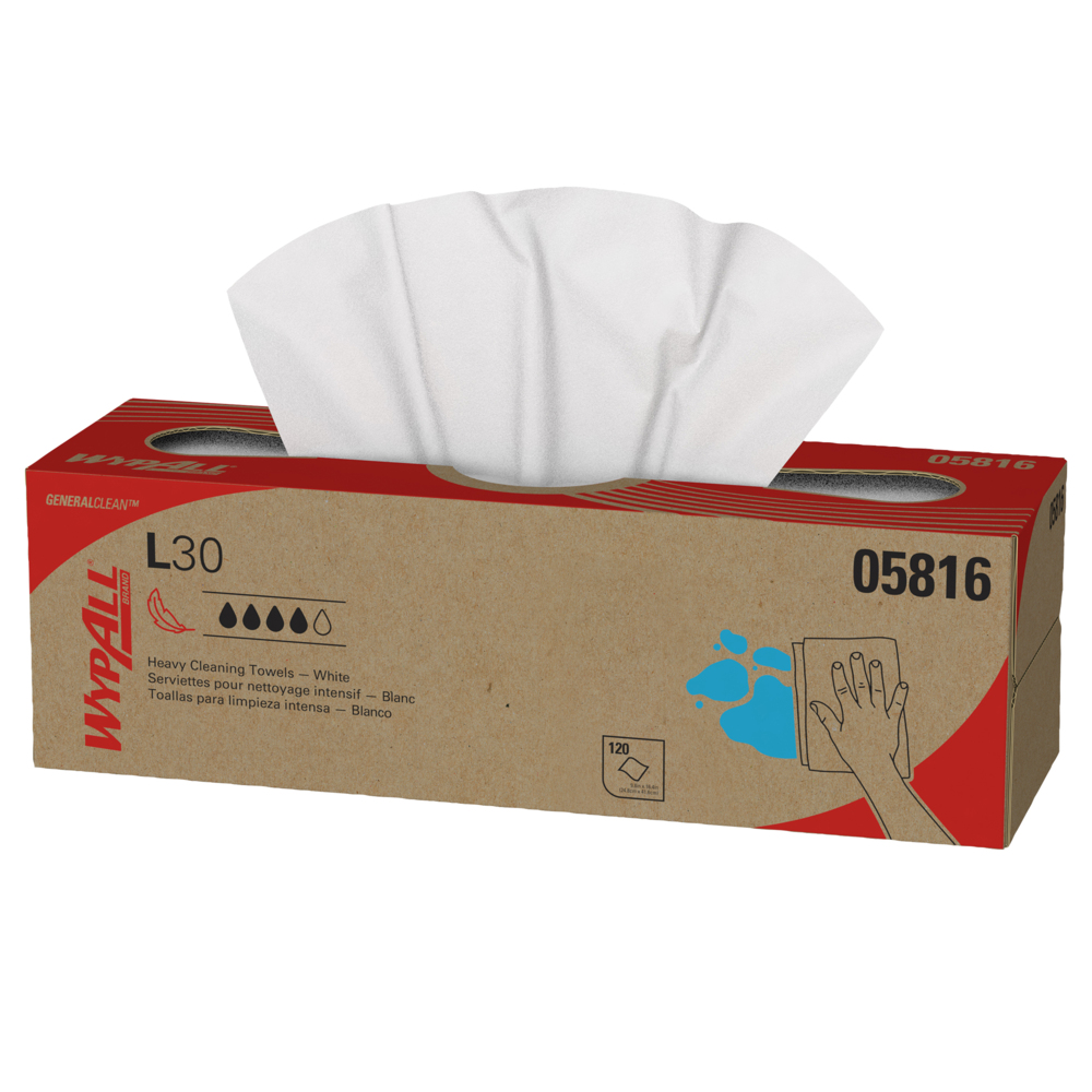 Lingettes de nettoyage robuste WypAll® L30 General Clean (05816) résistantes et douces, blanches, 120 lingettes/boîte Pop-Up, 6 boîtes/caisse, 720 lingettes/caisse - 05816