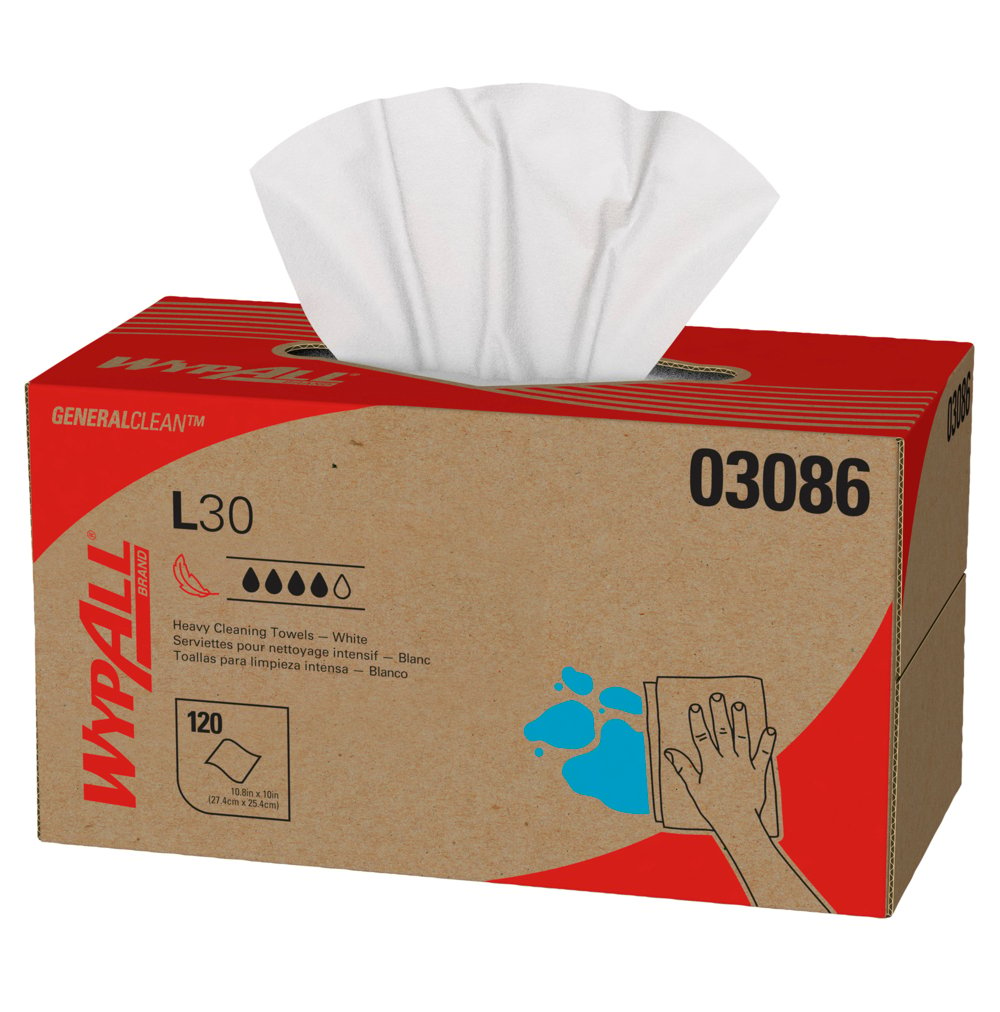 Lingettes de nettoyage robuste WypAll® L30 General Clean (03086), résistantes et douces, boîte Pop-Up, blanches, 10 boîtes/caisse, 120 feuilles/boîte, 1 200 lingettes/caisse - 03086