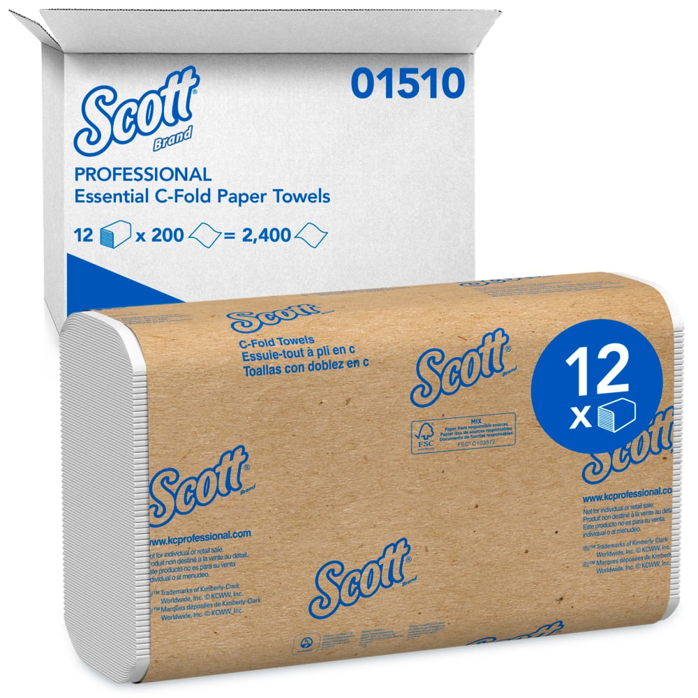 Scott® Essential C-Fold Paper Towels (01510), with Fast-Drying Absorbency Pockets™, White, (12 Packs/Case, 200 Sheets/Pack, 2,400 Sheets/Case)