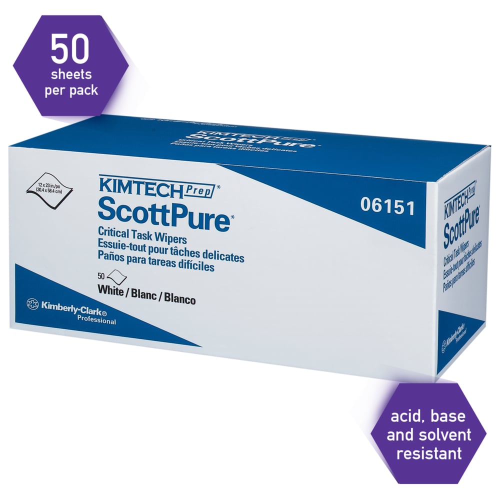 Kimtech Prep™ Scottpure™ Critical Task Wipes (06151), Carton, for Surface Preparation, White (50 Sheets/Box, 8 Boxes/Case, 400 Sheets/Case) - 06151