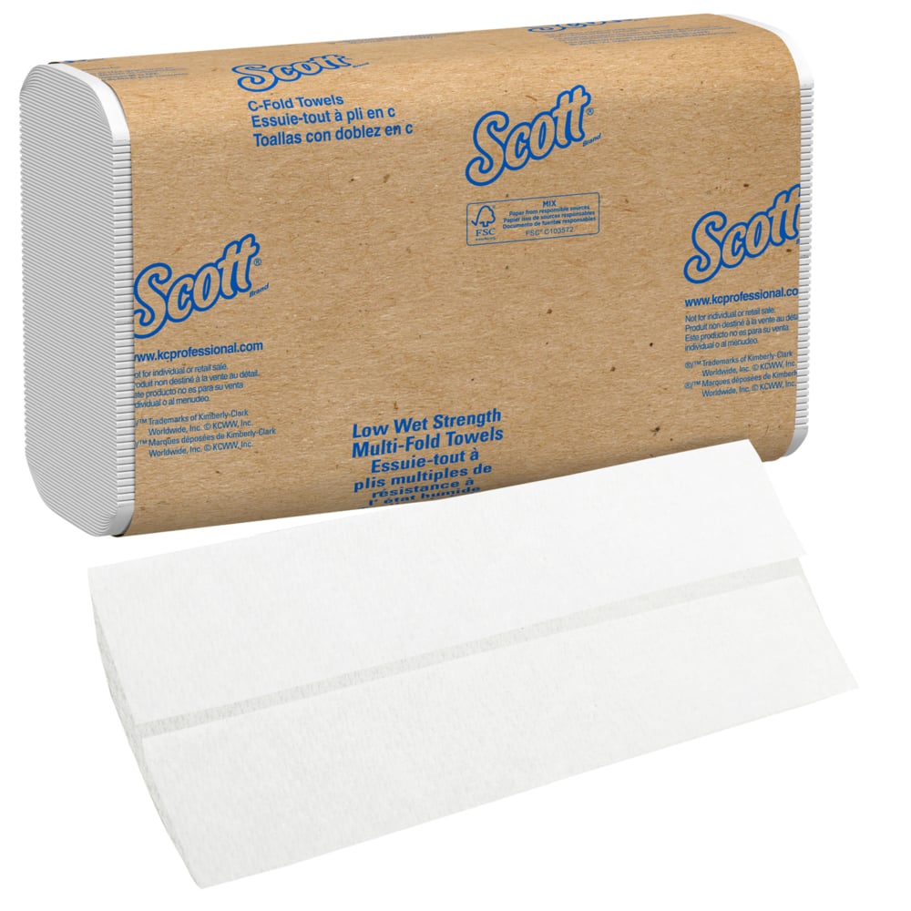 Essuie-mains pliés en C Scott Essential (06041), faible résistance à l’état humide, 13,15 po x 10,125 po, blancs, 12 paquets/caisse, 200 feuilles/paquet, 2 400 essuie-mains - 06041