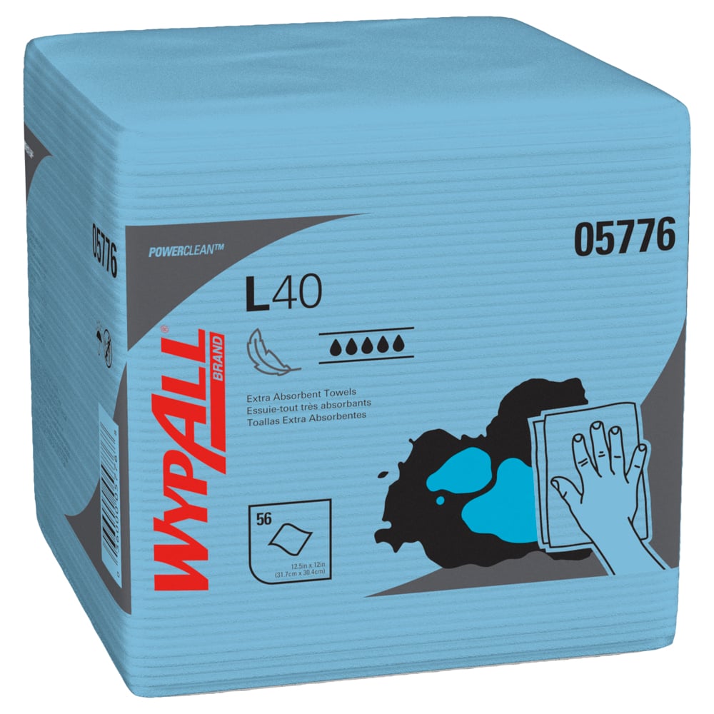 Lingettes extra absorbantes WypAll® L40 Power Clean (05776), lingettes à usage limité, bleues, 12 paquets par caisse, 56 feuilles par paquet, 672 feuilles au total - 05776