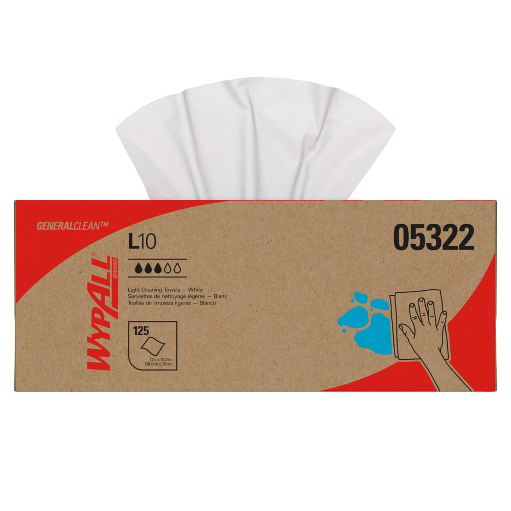 Lingettes de nettoyage léger WypAll® L10 General Clean (05322), usage limité, 1 épaisseur, boîte Pop-Up, blanches, 18 boîtes/caisse, 125 grandes lingettes/boîte - 05322