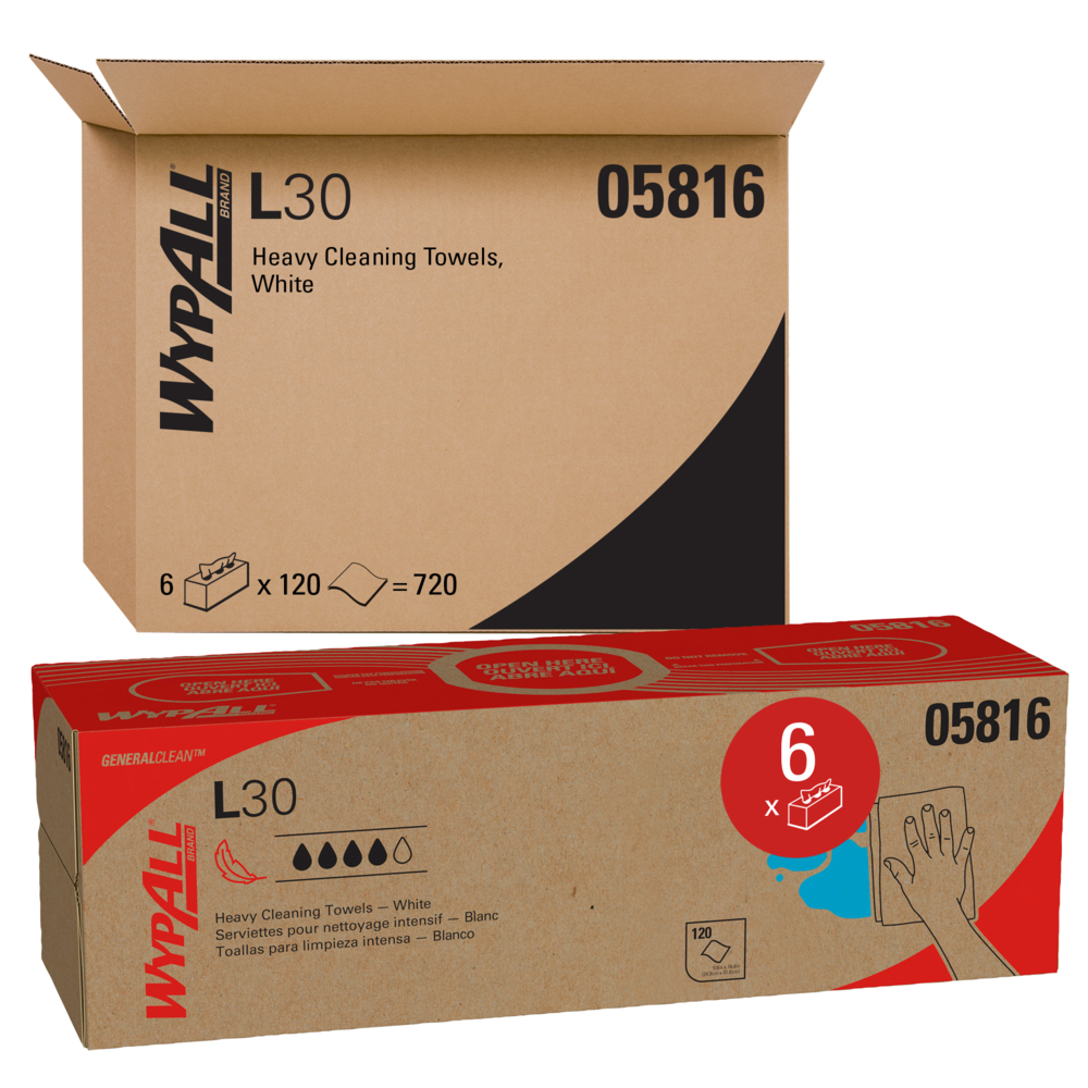 Lingettes de nettoyage robuste WypAll® L30 General Clean (05816) résistantes et douces, blanches, 120 lingettes/boîte Pop-Up, 6 boîtes/caisse, 720 lingettes/caisse - 05816