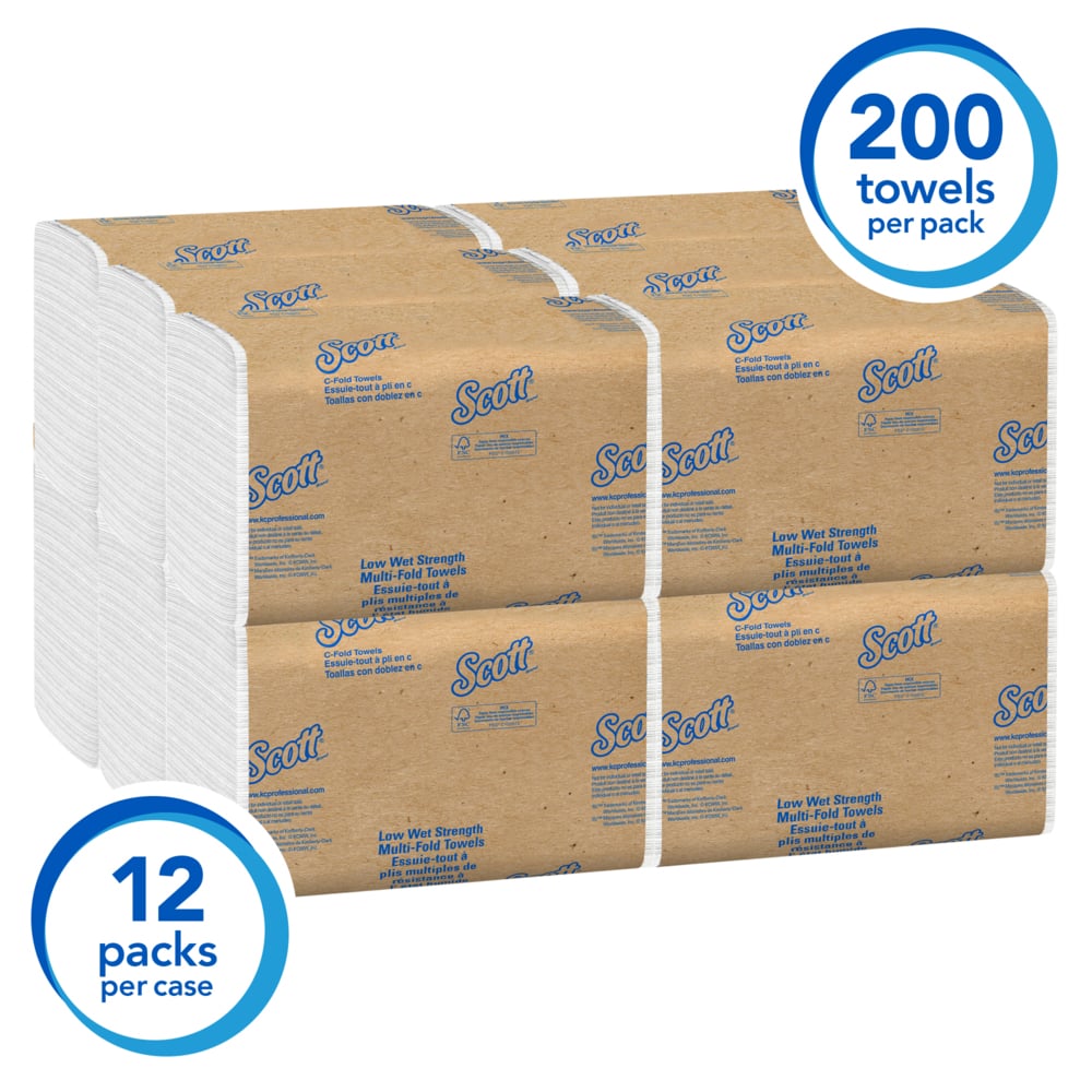 Scott® Essential C-Fold Paper Towels (06041), Low Wet Strength, White, (12 Packs/Case, 200 Sheets/Pack, 2,400 Sheets/Case) - 06041