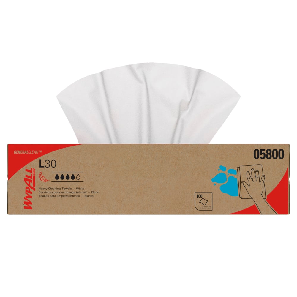 Chiffons de nettoyage très résistants WypAll® GeneralClean™ L30 (05800), boîte Pop-Up, chiffons résistants et doux, blancs (100 feuilles/boîte, 8 boîtes/caisse, 800 feuilles/caisse);Lingettes de nettoyage robuste WypAll® L30 General Clean (05800) résistantes et douces, blanches, 100 lingettes/boîte Pop-Up, 8 boîtes/caisse, 800 lingettes/caisse - 05800