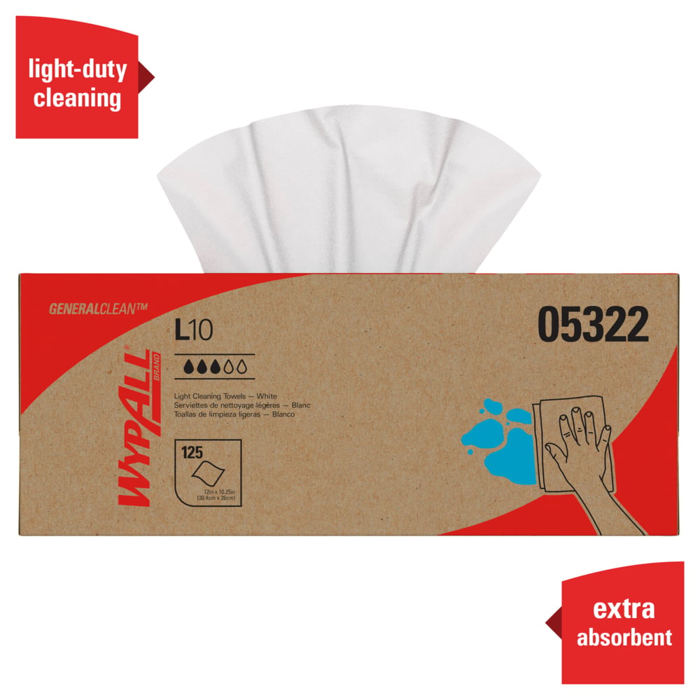 WypAll® General Clean L10 Light Cleaning Towels (05322), Limited Use, 1-PLY, Pop-Up Box, White, 18 Boxes / Case, 125 Large Wipes / Box - 05322