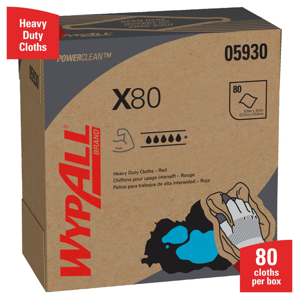 WypAll® Power Clean X80 Heavy Duty Cloths (05930), Pop-Up Box, Red, 80 Sheets / Box, 5 Boxes / Case, 400 Sheets / Case - 05930