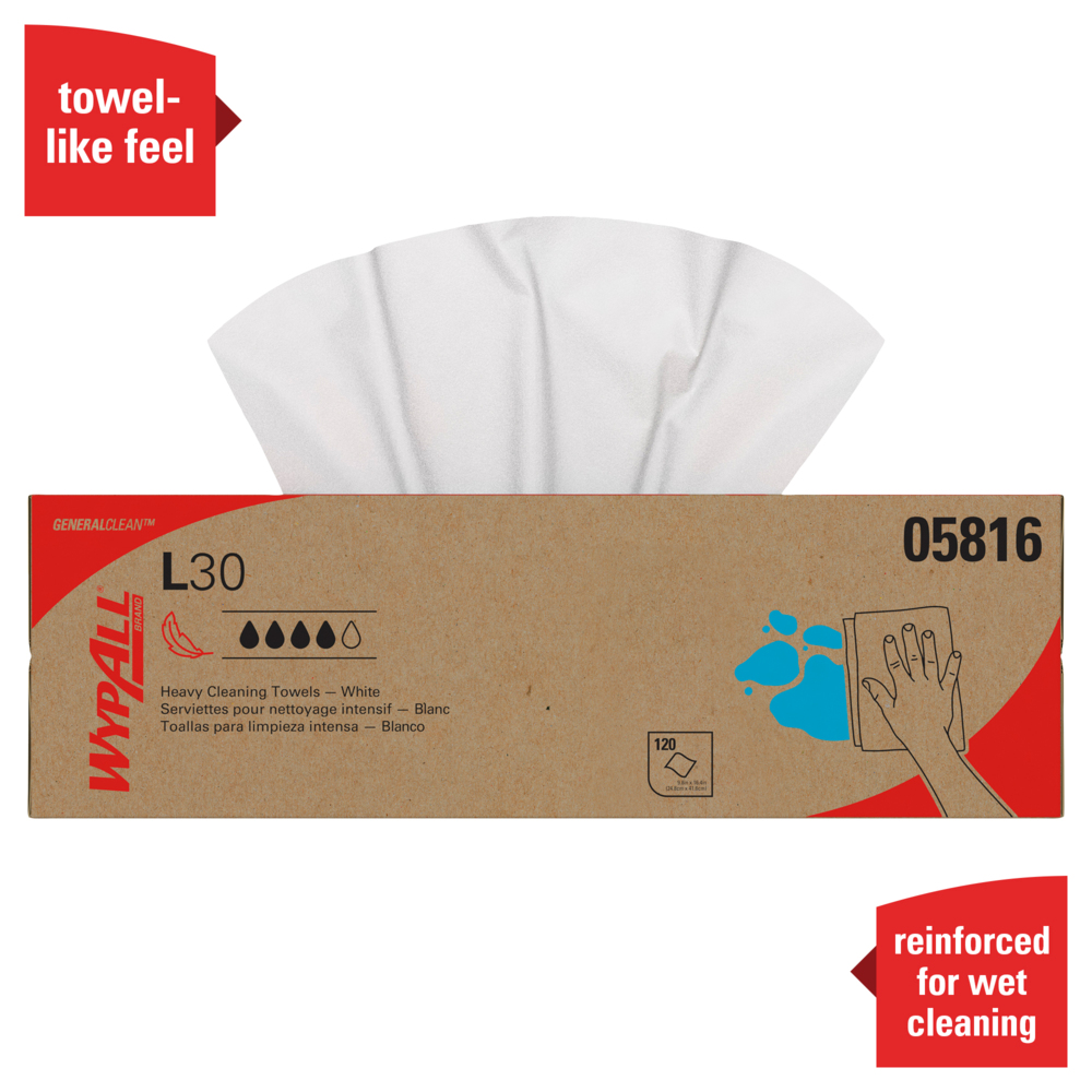 WypAll® GeneralClean™ L30 Heavy Duty Cleaning Towels (05816), Pop-Up Box, Strong and Soft Towels, White (120 Sheets/Box, 6 Boxes/Case, 720 Sheets/Case) - 05816