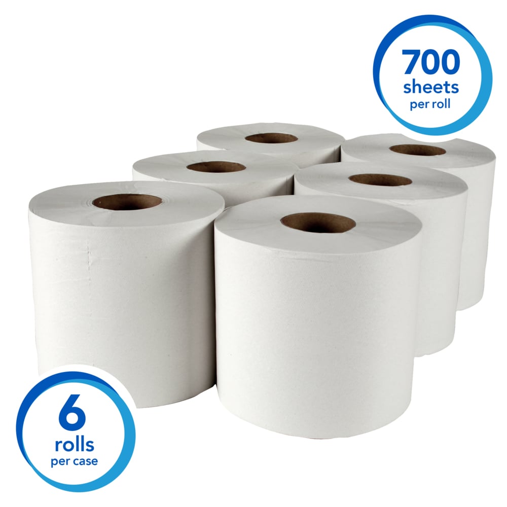 Scott® Essential Roll Center Pull Towels (01032) with Fast-Drying Absorbency Pockets™, White, Perforated Full-Sized Hand Towels (6 Rolls/Case, 4,200 Sheets/Case) - 01032