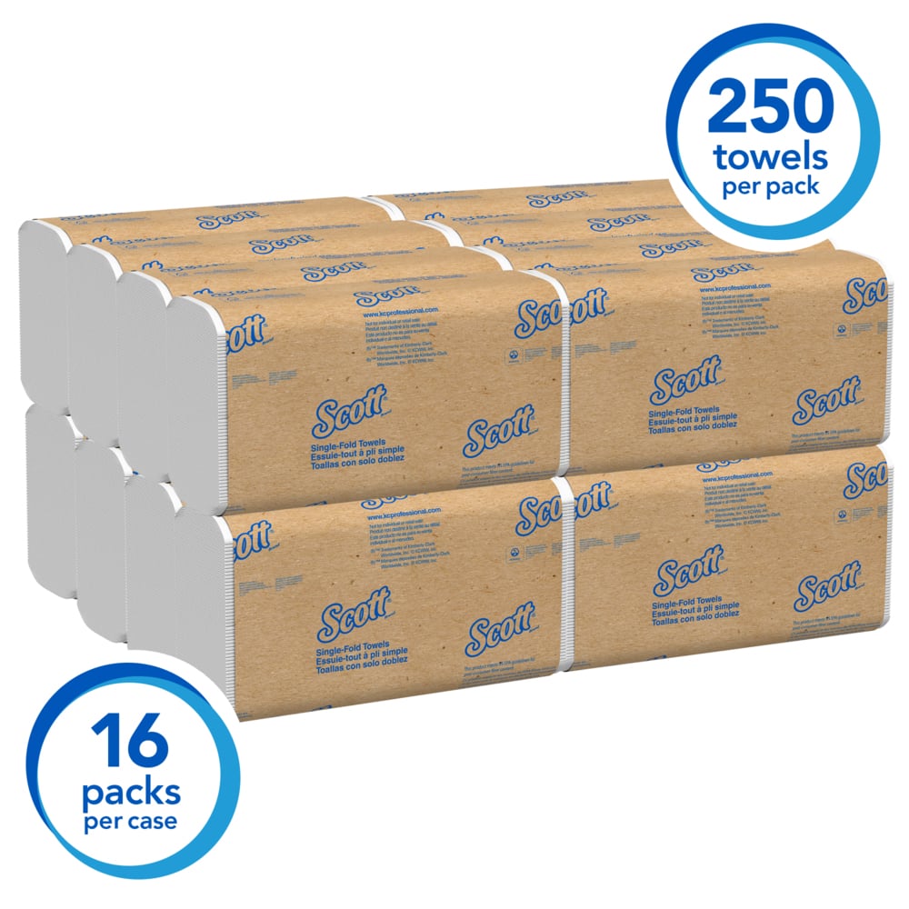 Scott® Essential Single-Fold Paper Towels (01700), White, (16 Packs/Case, 250 Sheets/Pack, 4,000 Sheets/Case) - 01700