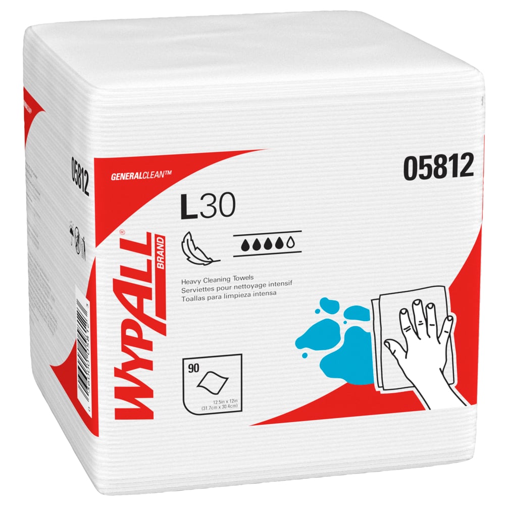 Chiffons de nettoyage très résistants WypAll® GeneralClean™ L30 (05812), pliés en quatre, chiffons résistants et doux, blancs (90 feuilles/paquet, 12 paquets/caisse, 1 080 feuilles/caisse) - 05812