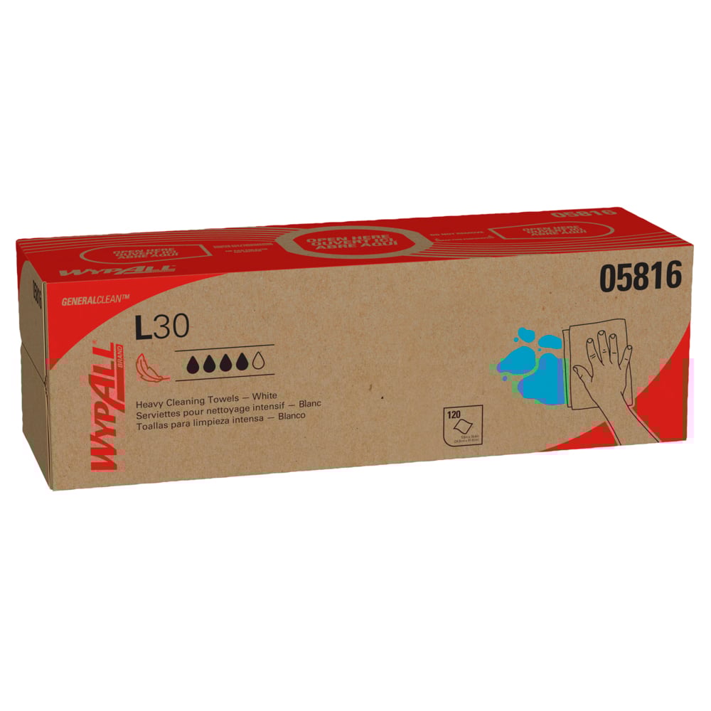 Lingettes de nettoyage robuste WypAll® L30 General Clean (05816) résistantes et douces, blanches, 120 lingettes/boîte Pop-Up, 6 boîtes/caisse, 720 lingettes/caisse - 05816