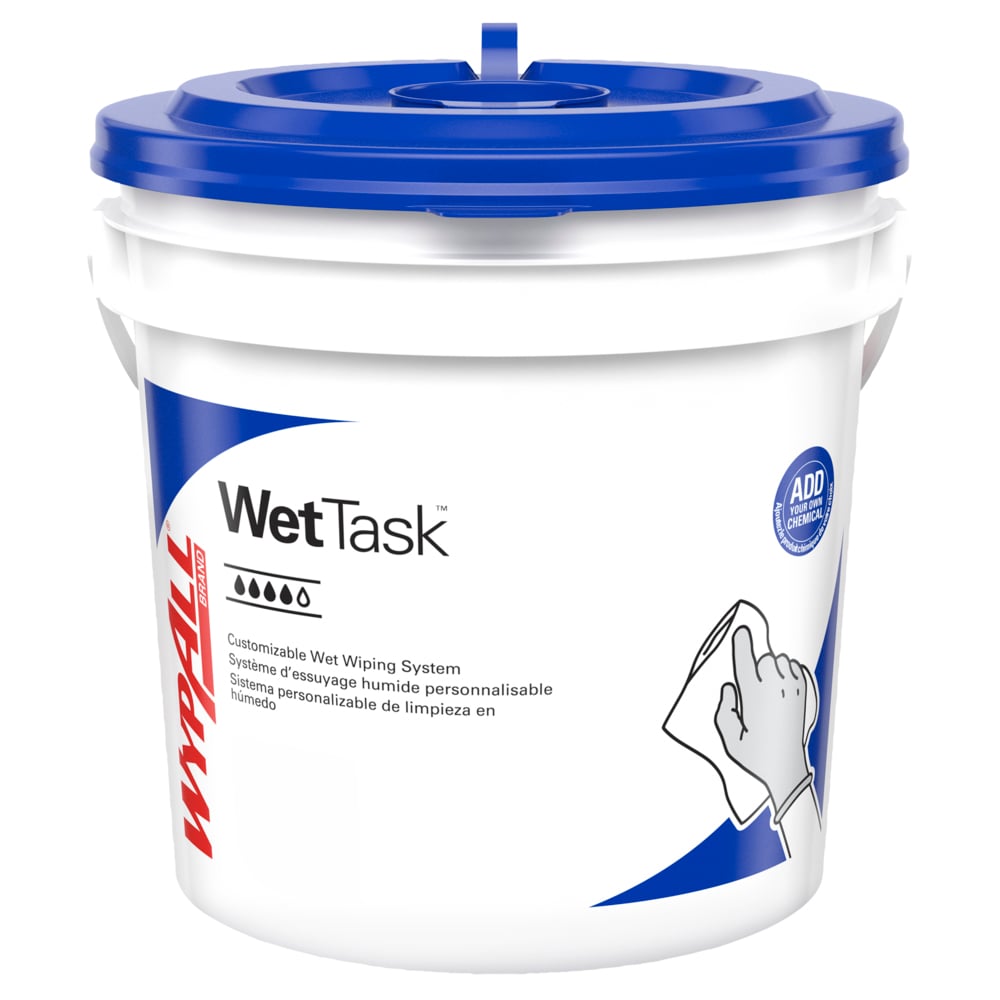 WypAll® PowerClean™ WetTask™ Wipers for Solvents System (06001), Center-Pull Roll, White, Bucket Included (95 Sheets/Roll, 6 Rolls/Case, 570 Sheets/Case) - 06001