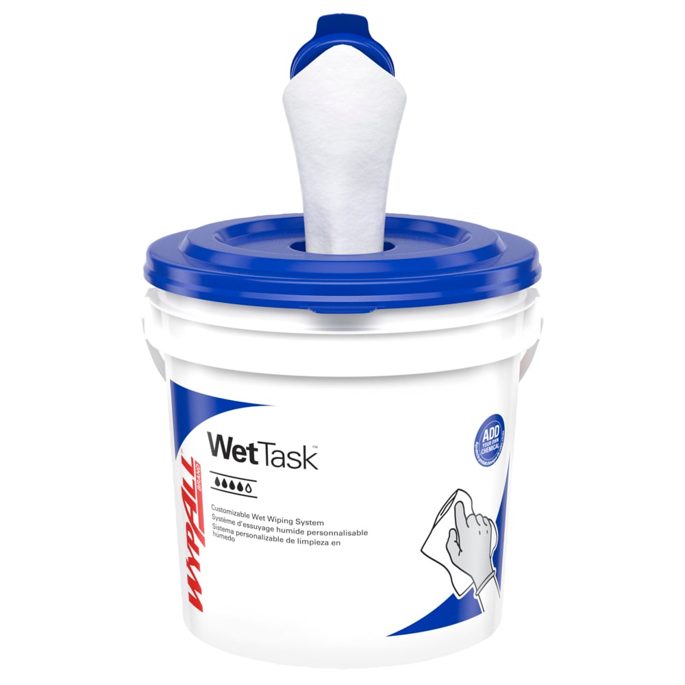 WypAll® PowerClean™ WetTask™ Wipers for Disinfectants, Sanitizers and Solvents (06211), Center-Pull Roll, White, Bucket Included (140 Sheets/Roll, 6 Rolls/Case, 840 Sheets/Case) - 06211