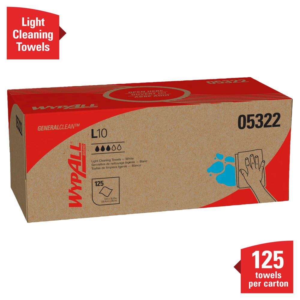 WypAll® GeneralClean™ L10 Light Cleaning Towels (05322), Pop-Up Box, Limited Use Towels, White (125 Sheets/Box, 18 Boxes/Case, 2,250 Sheets/Case) - 05322