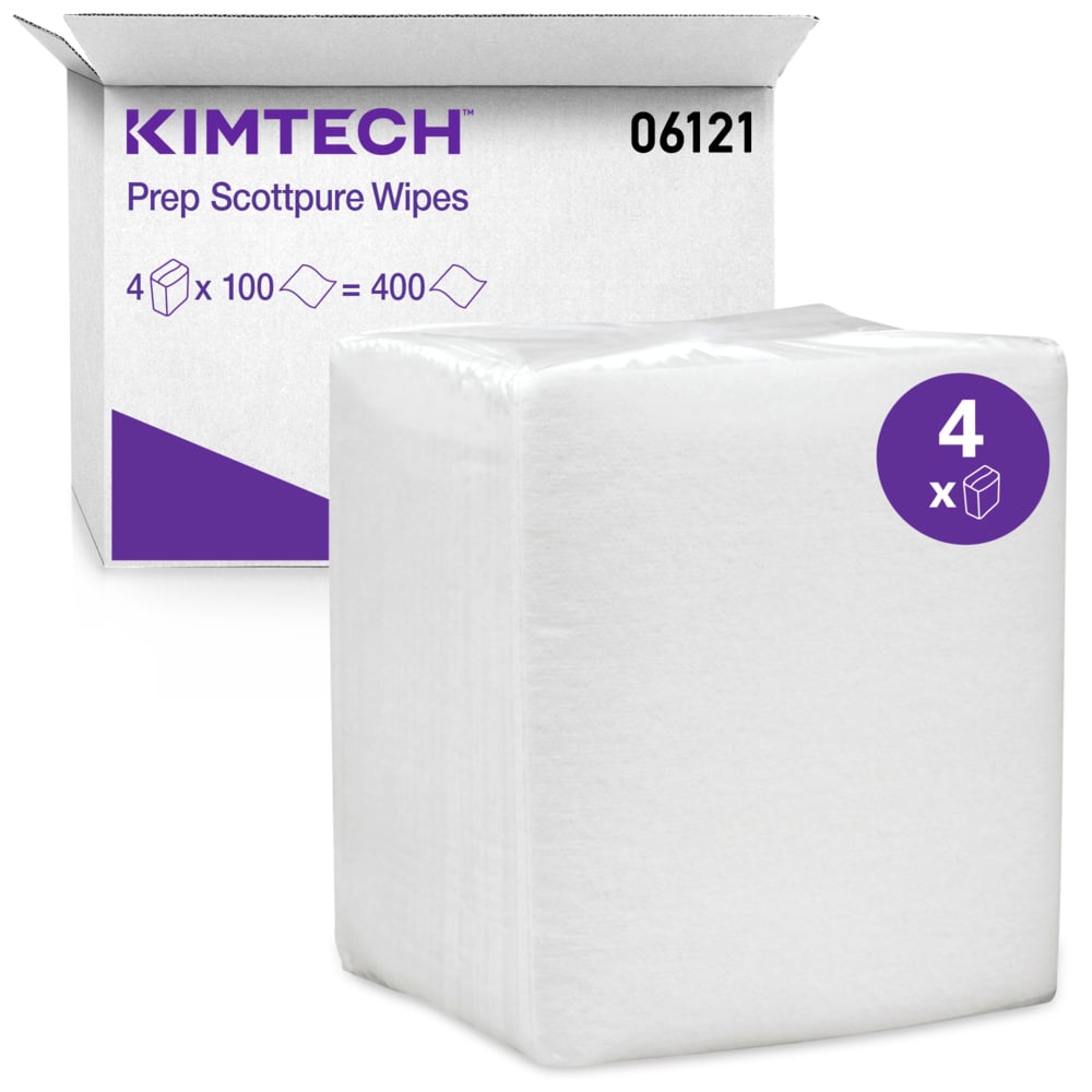 Essuie-tout pour tâches délicates Kimtech Prep Scottpure (06121), jetables, peu pelucheux, blancs, 4 boîtes/caisse, 100 feuilles/boîte, 400 feuilles/caisse - 06121