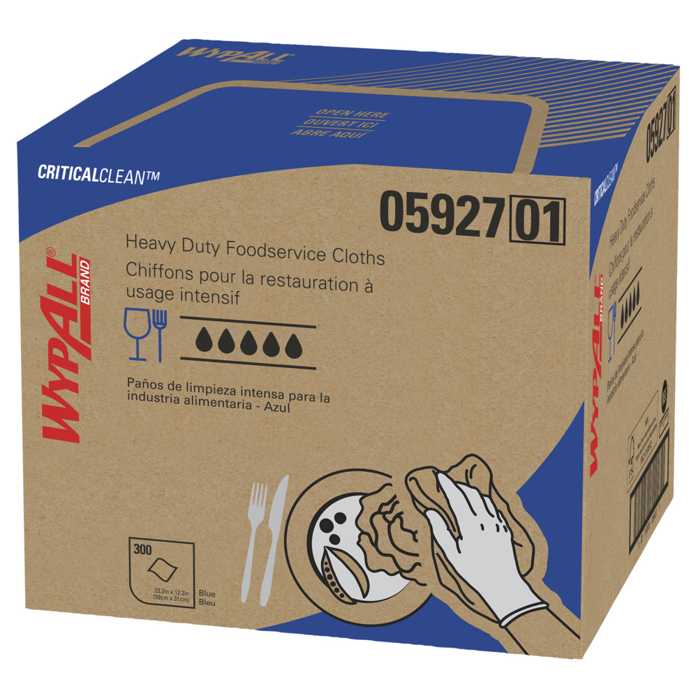 Chiffons de restauration WypAll® Critical Clean robustes à grande capacité (05927), pliés en quatre, bleus, 1 boîte, 300 feuilles - 05927
