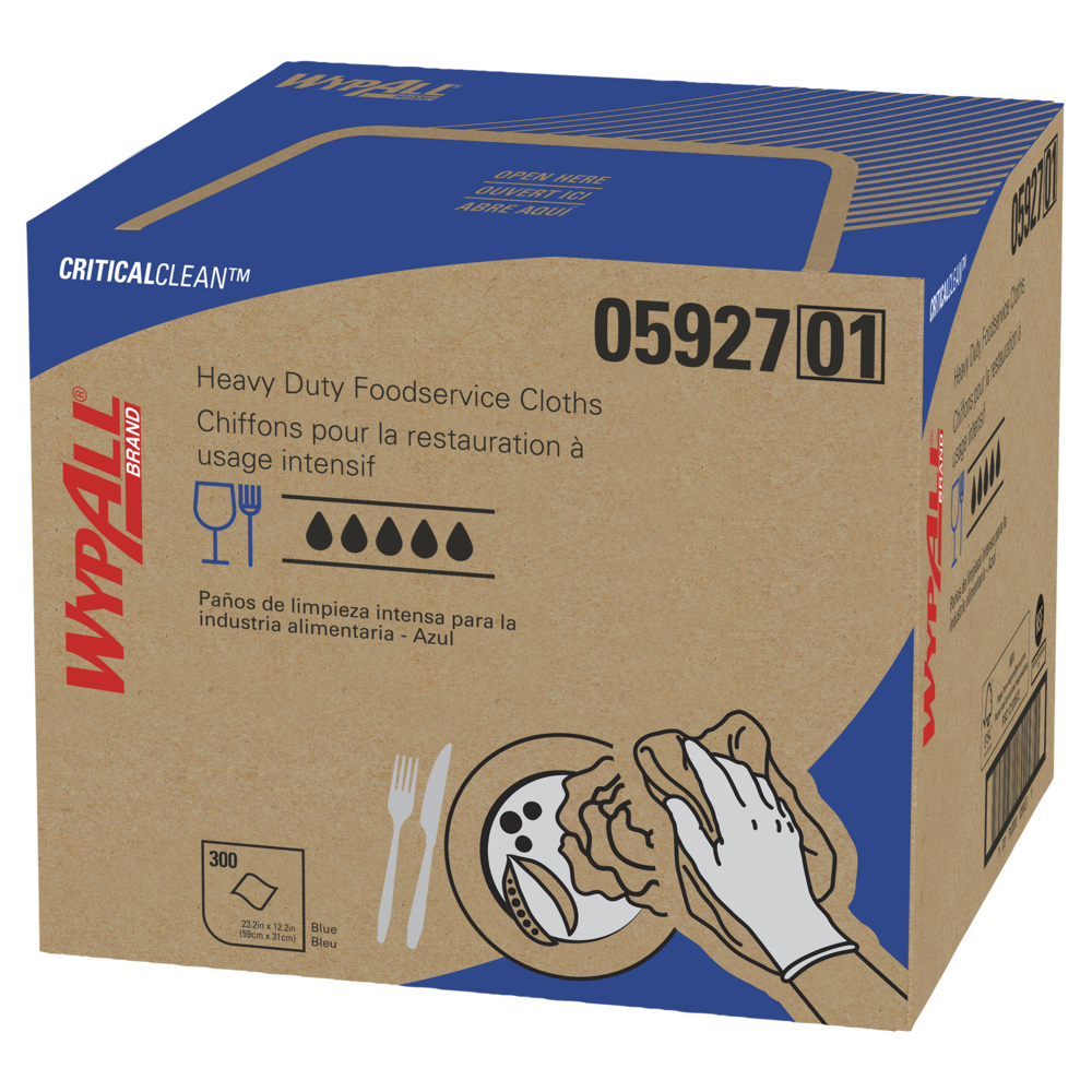 WypAll® CriticalClean™ High Capacity Heavy Duty Foodservice Cloths (05927), Quarterfold, Blue (300 Sheets/Box, 1 Box/Case, 300 Sheets/Case) - 05927