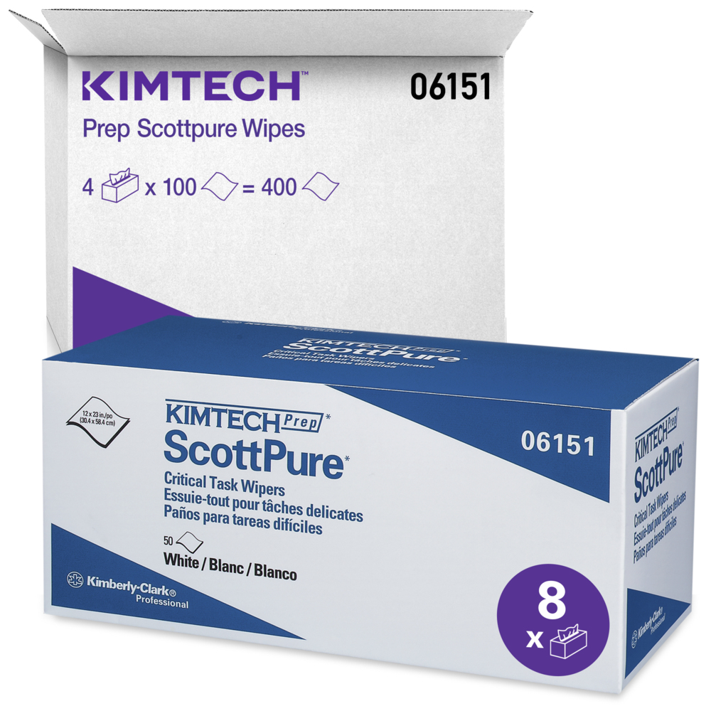 Essuie-tout pour tâches essentielles Kimtech Prep Scottpure (06151), jetables, peu pelucheux, blancs, 8 cartons/caisse, 50 feuilles/carton, 400 feuilles/caisse - 06151