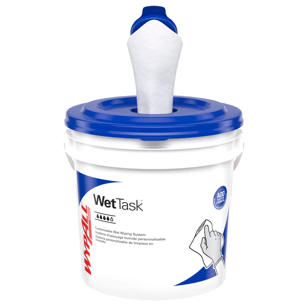 WypAll® PowerClean™ WetTask™ Wipers for Solvents System (06001), Center-Pull Roll, White, Bucket Included (95 Sheets/Roll, 6 Rolls/Case, 570 Sheets/Case) - 06001