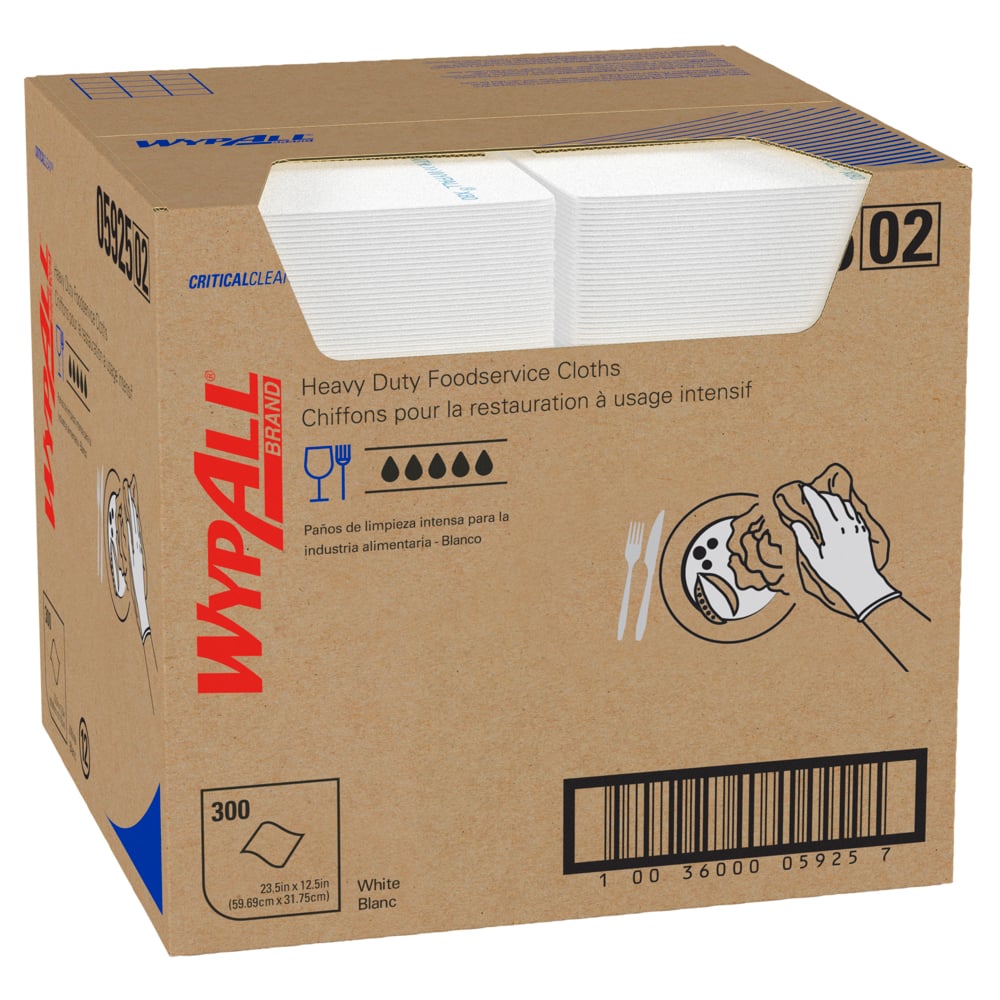 Chiffons très résistants pour le secteur de la restauration WypAll® CriticalClean™ (05925), chiffons pliés en quatre, blancs (300 feuilles/boîte, 1 boîte/caisse, 300 feuilles/caisse) - 05925