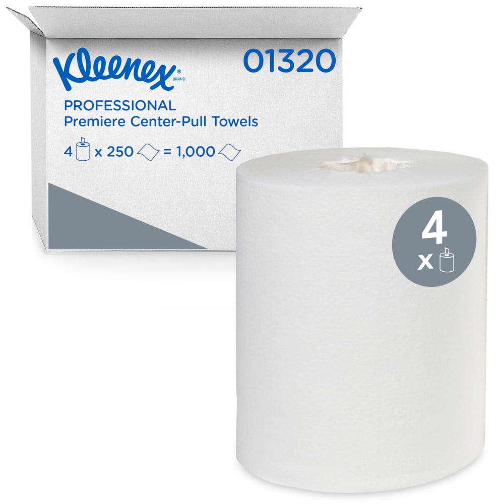 Kleenex® Premiere Center-Pull Paper Towels (01320), Cloth-Like Feel, White, Perforated Bulk Paper Towels, (4 Rolls/Case, 250 Sheets/Roll, 1,000 Sheets/Case) - 01320