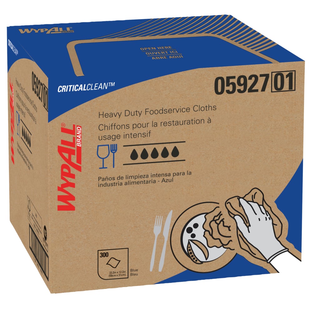 WypAll® CriticalClean™ High Capacity Heavy Duty Foodservice Cloths (05927), Quarterfold, Blue (300 Sheets/Box, 1 Box/Case, 300 Sheets/Case) - 05927