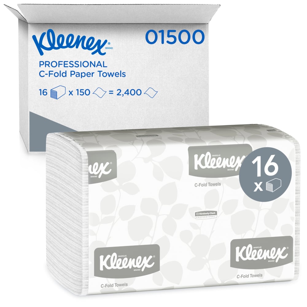 Kleenex® C-Fold Paper Towels (01500), Absorbent, White, (16 Packs/Case, 150 Sheets/Pack, 2,400 Sheets/Case) - 01500