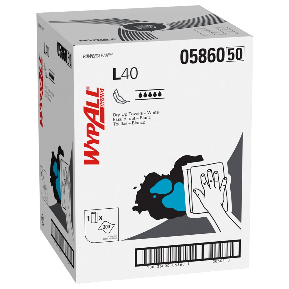 Lingettes extra absorbantes WypAll® L40 Power Clean (05860), lingettes à usage limité, blanches, 1 rouleau/boîte, 200 lingettes - 05860