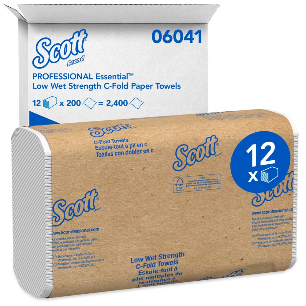 Essuie-mains pliés en C Scott Essential (06041), faible résistance à l’état humide, 13,15 po x 10,125 po, blancs, 12 paquets/caisse, 200 feuilles/paquet, 2 400 essuie-mains - 06041