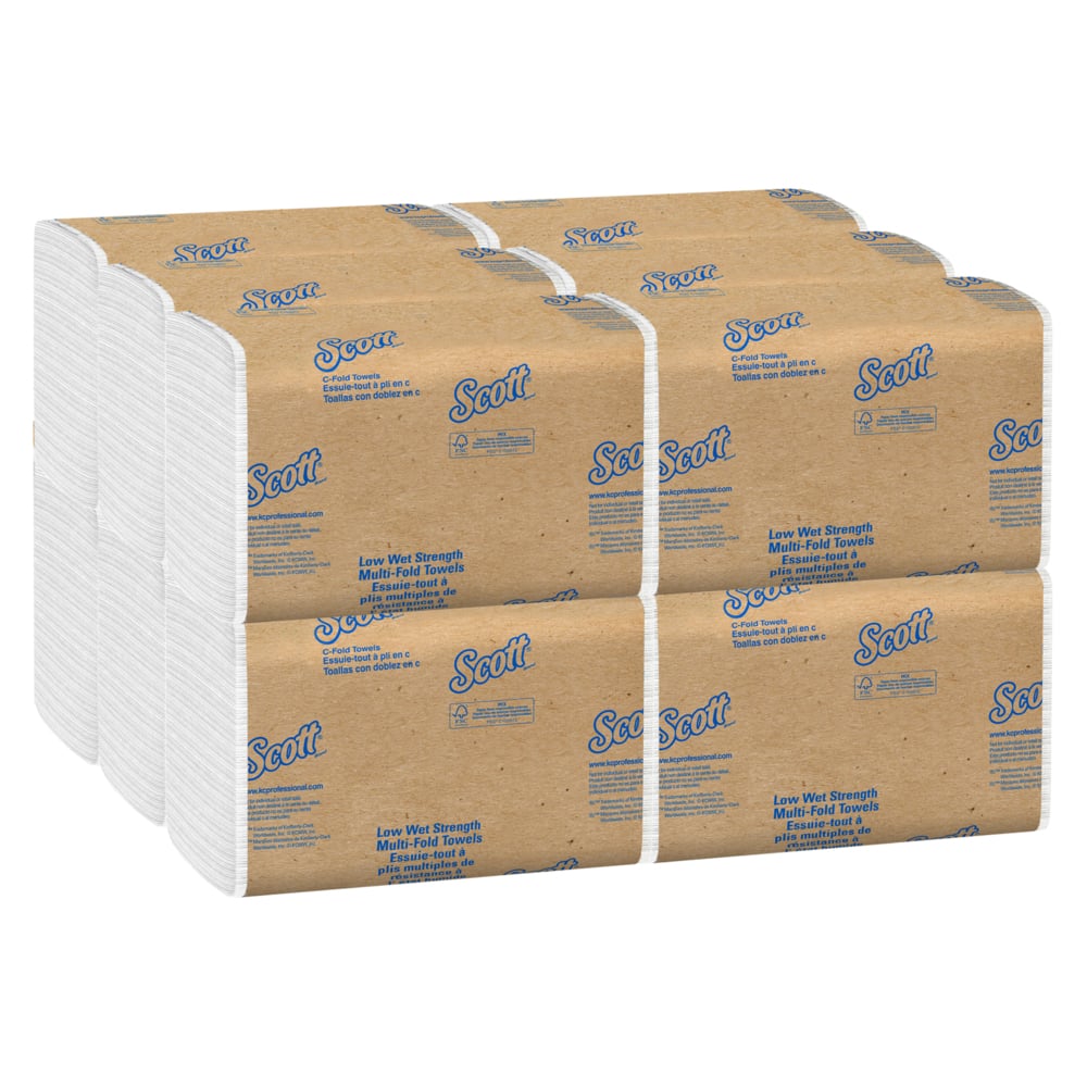 Scott® Essential C-Fold Paper Towels (06041), Low Wet Strength, White, (12 Packs/Case, 200 Sheets/Pack, 2,400 Sheets/Case) - 06041