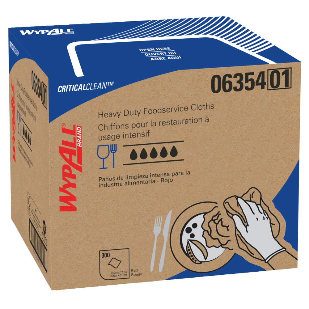 WypAll® CriticalClean™ High Capacity Heavy Duty Foodservice Cloths (06354), Quarterfold, Red (300 Sheets/Box, 1 Box/Case, 300 Sheets/Case) - 06354