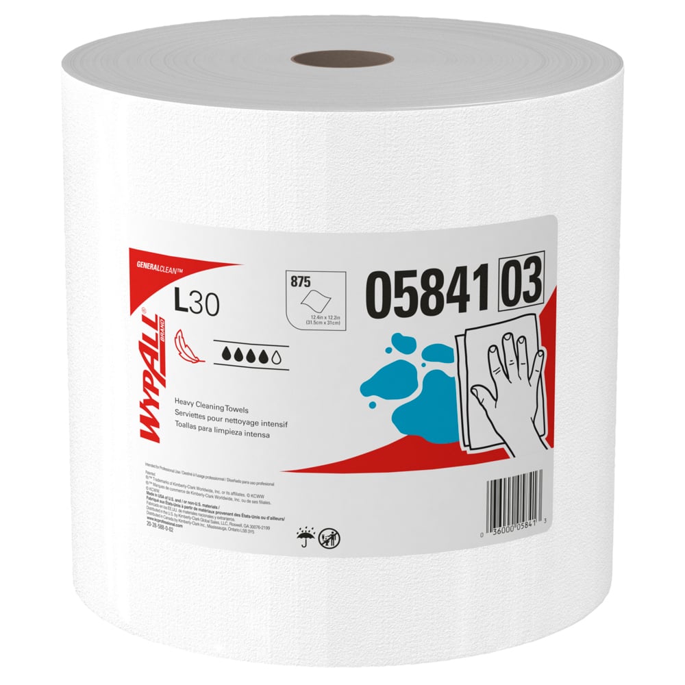 WypAll® GeneralClean™ L30 Heavy Duty Cleaning Towels (05841), Jumbo Roll, Strong and Soft Towels, White (875 Sheets/Roll, 1 Roll/Case, 875 Sheets/Case) - 05841