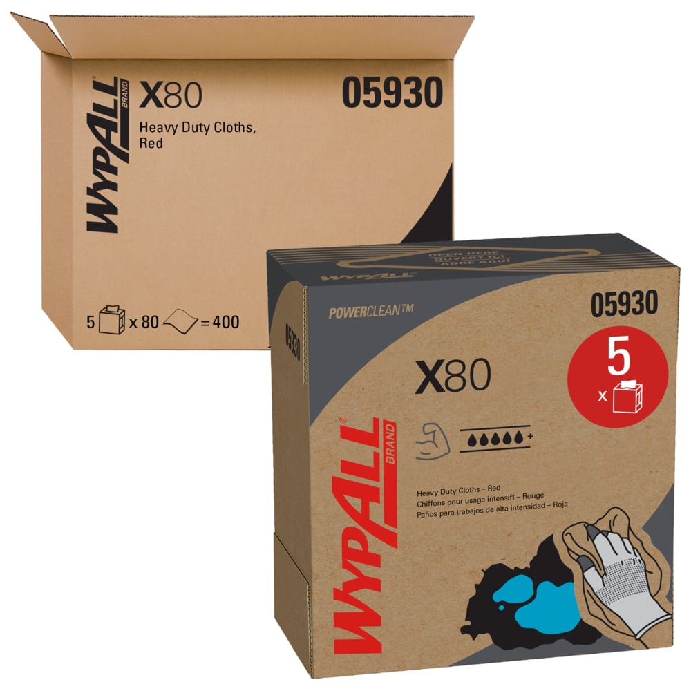 WypAll® PowerClean™ X80 Heavy Duty Cloths (05930), Pop-Up Box, Extended Use Towels, Red (80 Sheets/Box, 5 Boxes/Case, 400 Sheets/Case) - 05930