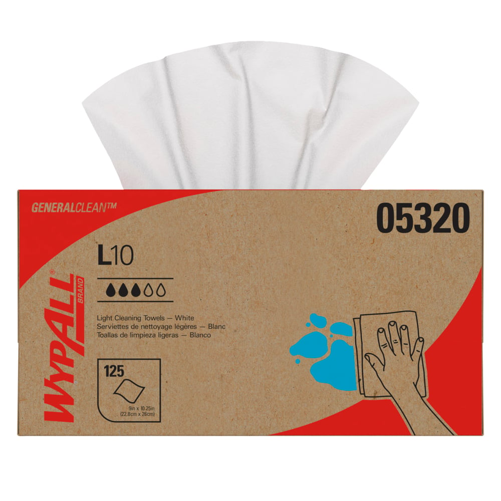 WypAll® GeneralClean™ L10 Light Cleaning Towels (05320), Pop-Up Box, Limited Use Towels, White (125 Sheets/Box, 18 Boxes/Case, 2,250 Sheets/Case) - 05320