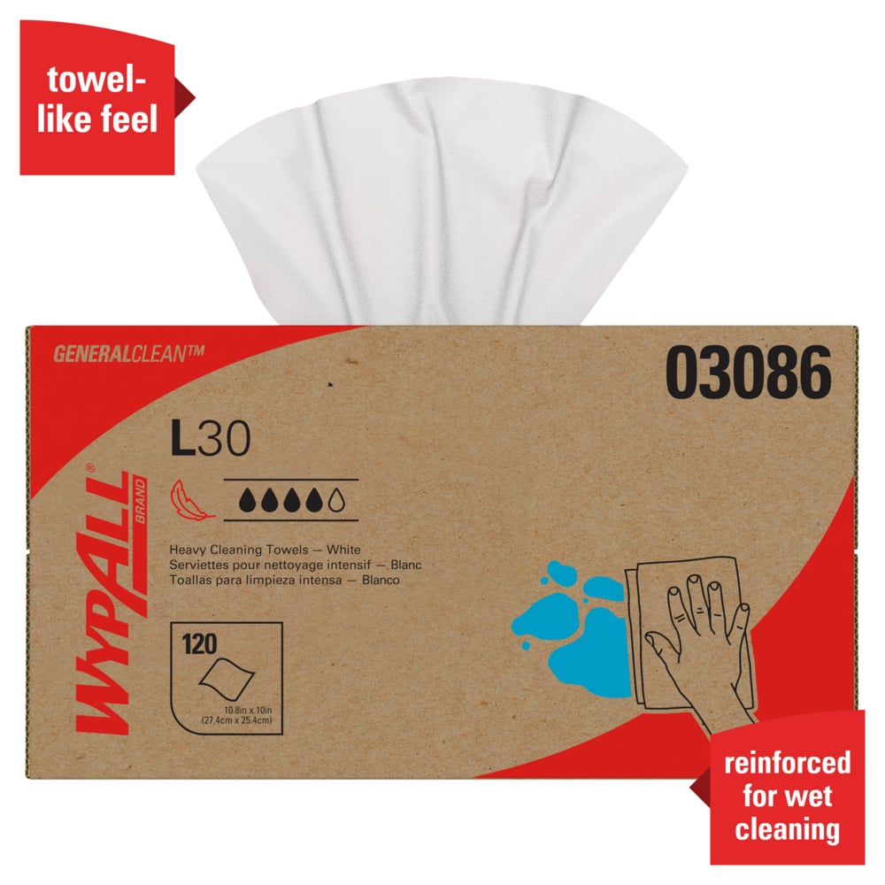 WypAll® GeneralClean™ L30 Heavy Duty Cleaning Towels (03086), Pop-Up Box, Strong and Soft Towels, White (120 Sheets/Box, 10 Boxes/Case, 1,200 Sheets/Case) - 03086