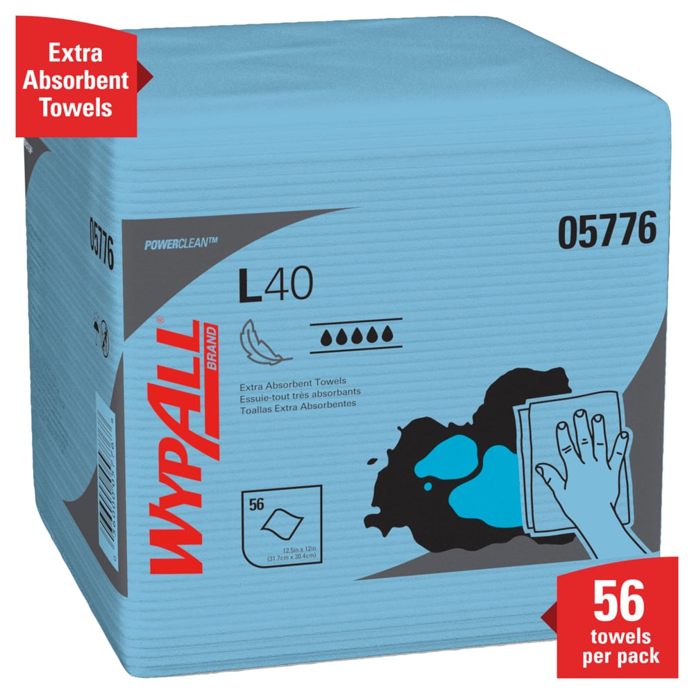 WypAll® PowerClean™ L40 Extra Absorbent Towels (05776), Quarterfold, Limited Use Towels, Blue (56 Sheets/Pack, 12 Packs/Case, 672 Sheets/Case) - 05776