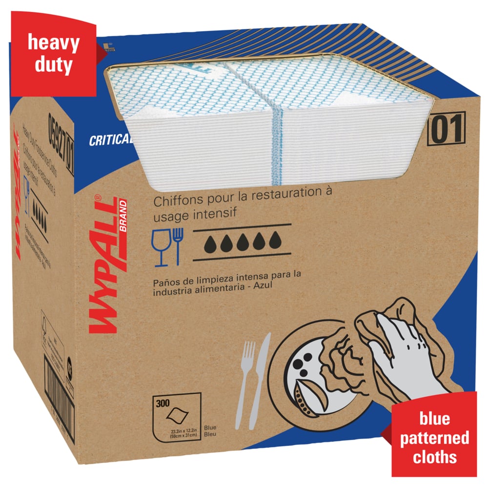 WypAll® CriticalClean™ High Capacity Heavy Duty Foodservice Cloths (05927), Quarterfold, Blue (300 Sheets/Box, 1 Box/Case, 300 Sheets/Case) - 05927