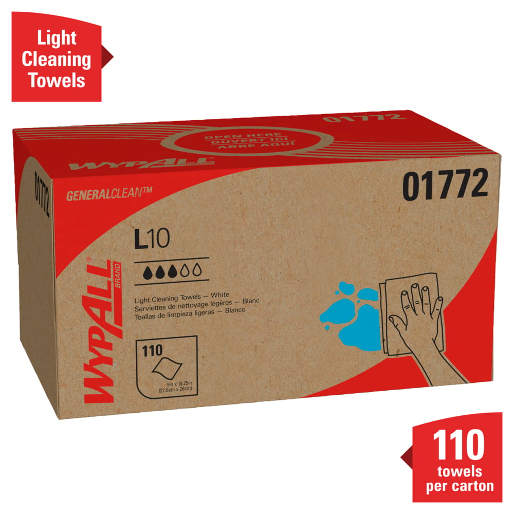 WypAll® GeneralClean™ L10 Light Cleaning Towels (01772), Pop-Up Box - Dairy Towel, Limited Use Towels, White (110 Sheets/Box, 18 Boxes/Case, 1,980 Sheets/Case) - 01772