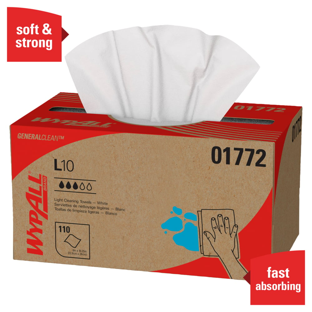 WypAll® GeneralClean™ L10 Light Cleaning Towels (01772), Pop-Up Box - Dairy Towel, Limited Use Towels, White (110 Sheets/Box, 18 Boxes/Case, 1,980 Sheets/Case) - 01772